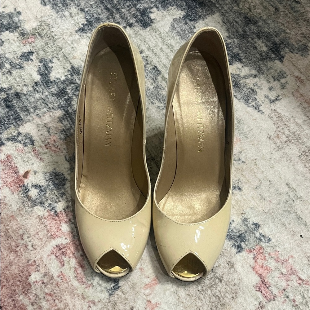 Stuart Weitzman Cream Patent Peep-Toe Pumps